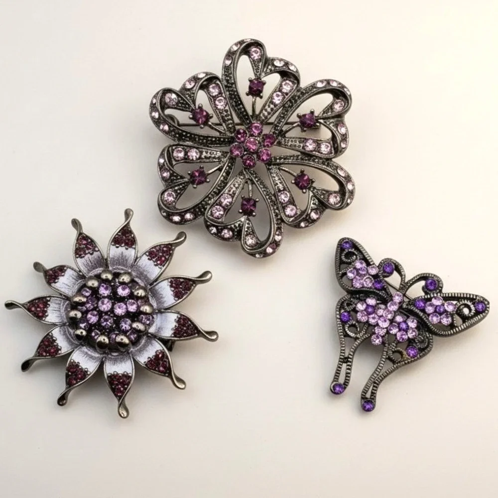 Rhinestone Floral Butterfly Brooch Pin Set 3pc Purple Pink Gunmetal‎ Whimsigoth